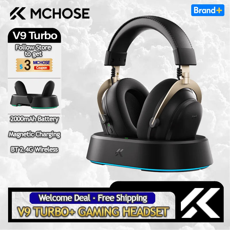 V9 Turbo + Wireless Gaming Headset 2000Mah Long Life Battery with Magnetic RGB Charging Dock 2.4G Low Latency Link