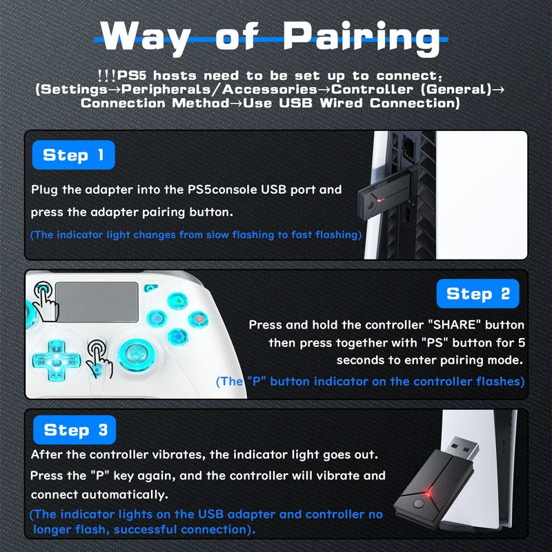 Gamepad for PS5/PC Console Wireless Controller, 6-Axis Gyro Dual Vibrate Hall Effect, W/ Turbo Touchpad, Gaming Control Joystick