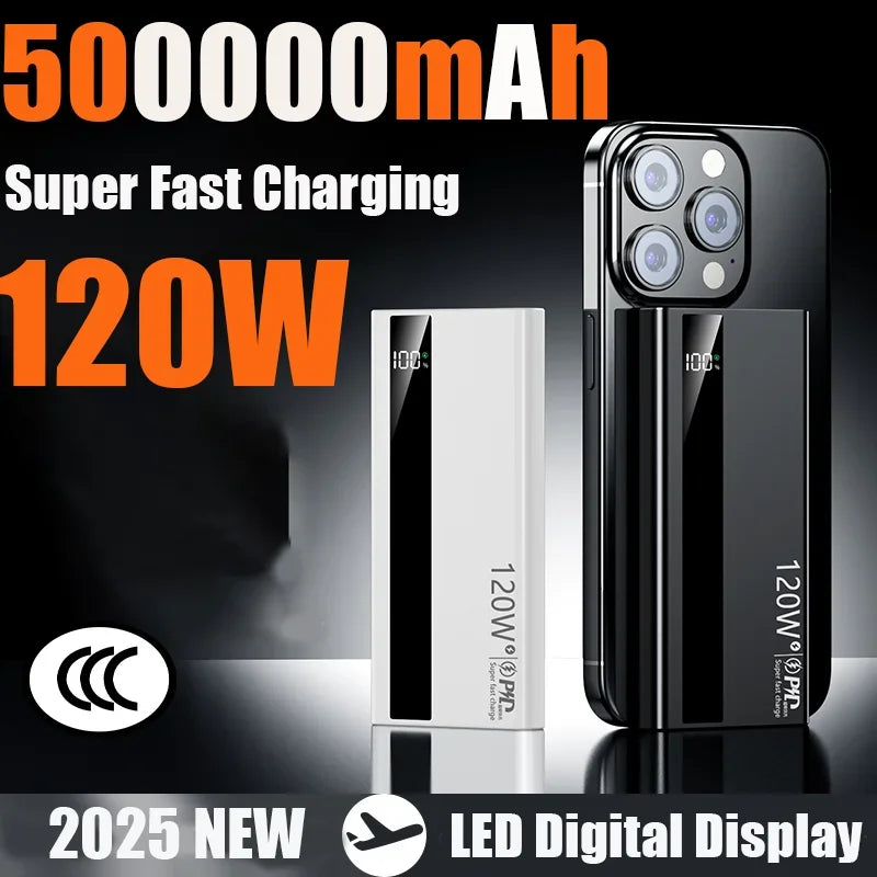 120W 500000Mah Power Bank High Capacity Super Fast Charge Portable External Battery Powerbank for Iphone Samsung 2026 New