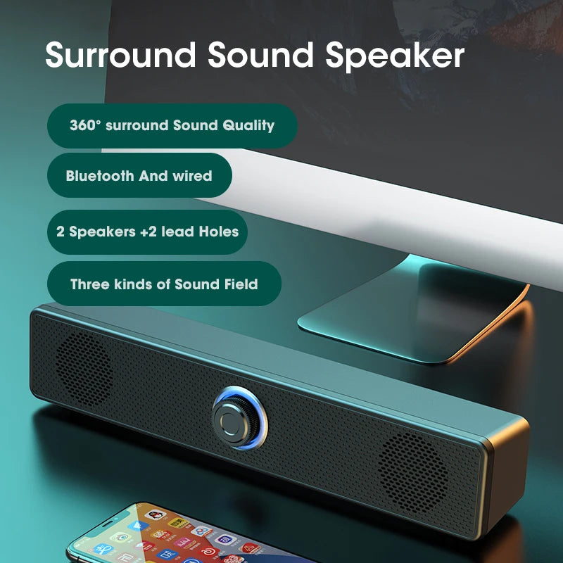 BT5.0 Soundbar Speaker Wired Wireless Dual Mode 9D Surround Stereo Bass Anti-Interference for PC TV Phone Gaming