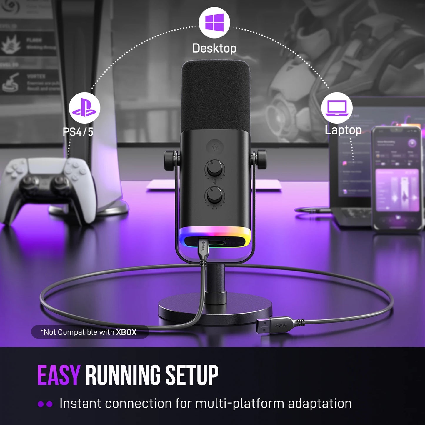 USB/XLR Dynamic Microphone with RGB Control/Headphone Jack/Mute,Mic for PC Gaming Recording Streaming Ampligame-Am8