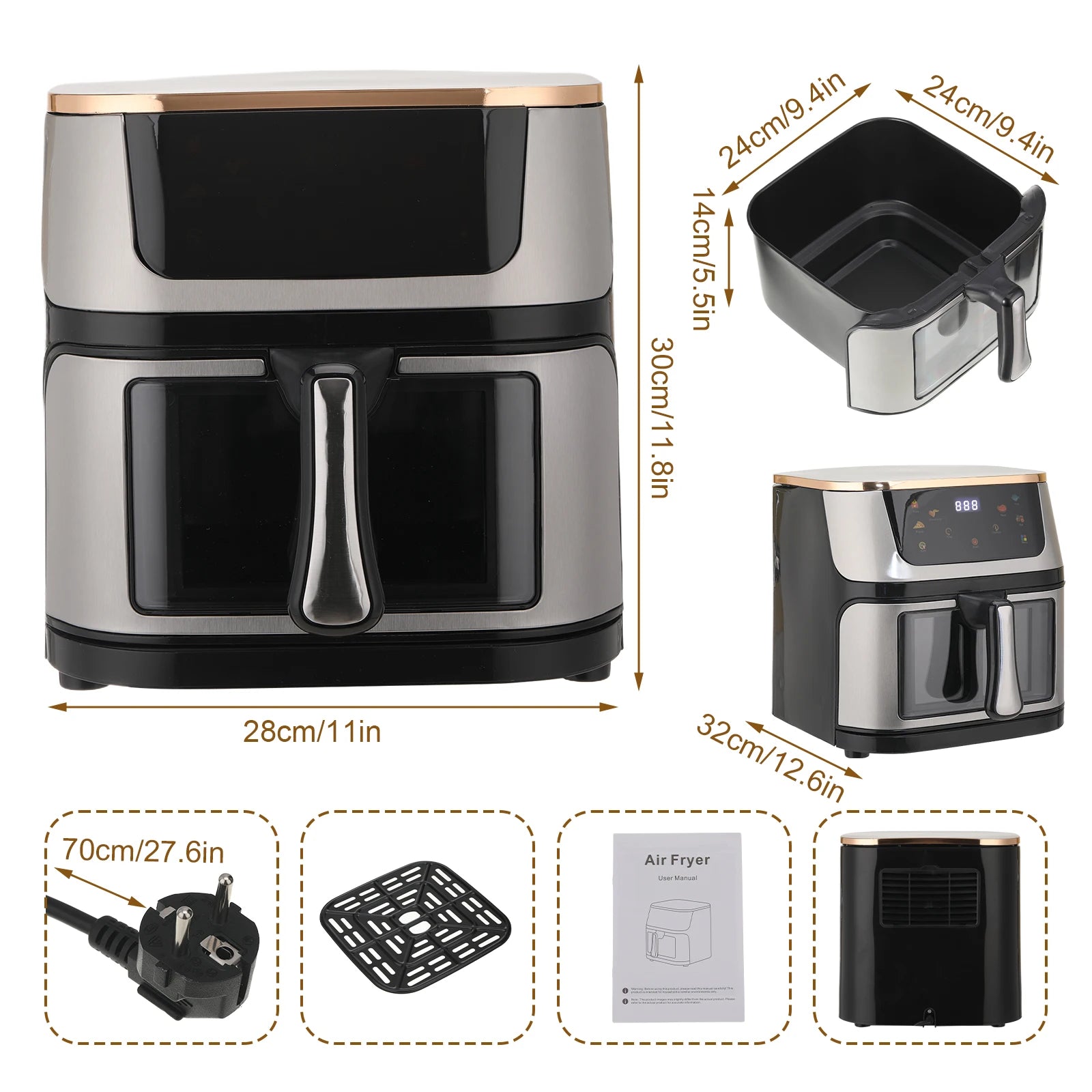 Air Fryer 12L Stainless Steel Visible Large Capacity Electric Oven Touch Screen Multifunctional Electric Fryer EU/US Plug