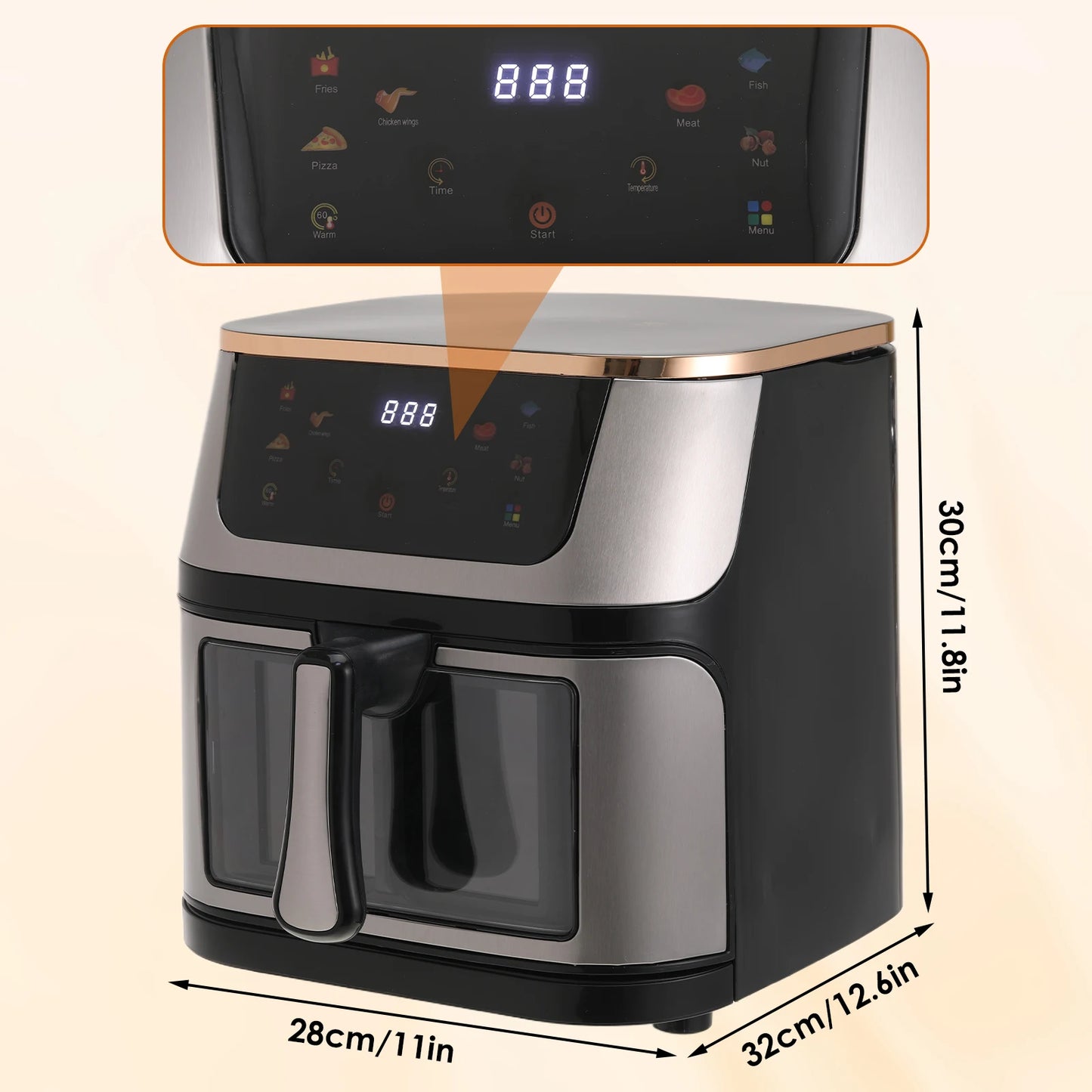 Air Fryer 12L Stainless Steel Visible Large Capacity Electric Oven Touch Screen Multifunctional Electric Fryer EU/US Plug