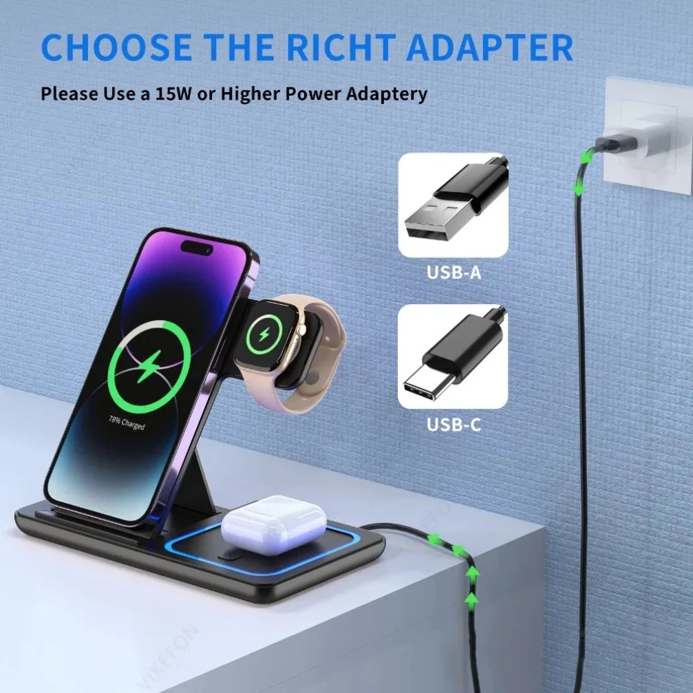 Foldable 3 in 1 Wireless Charging Station for Iphone 17 16 15 14 13 12 Pro Max Iwatch 11 Airpods Pro 4/3 Fast Charger Stand Dock